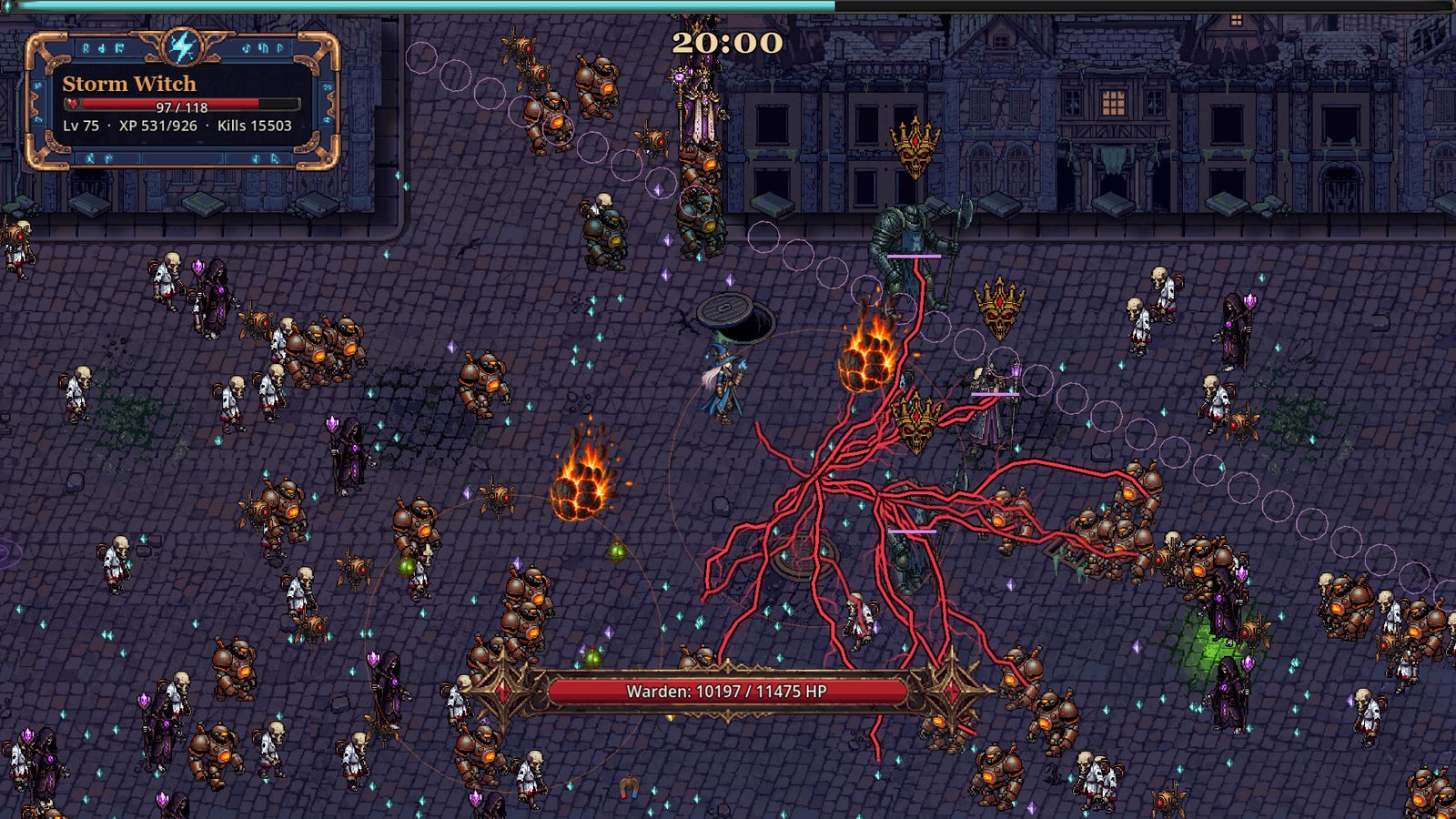 Storm Witch fighting a Warden boss with red lightning in a ruined town square